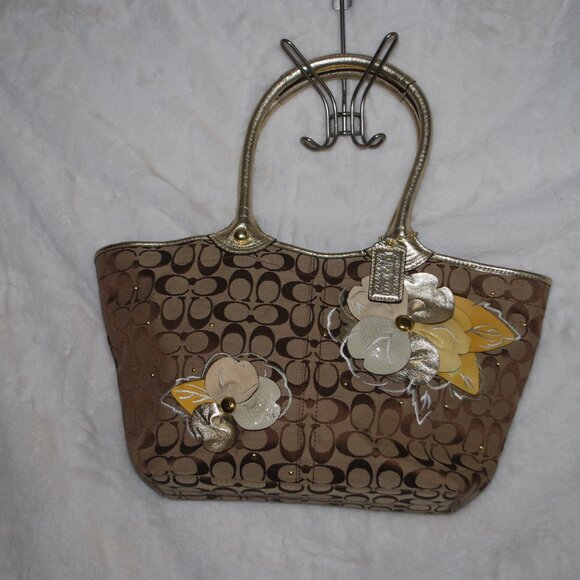🌸COACH Large Signature Bleeker Floral Khaki Gold Tote Carryall Handbag🌸 - Picture 5 of 14